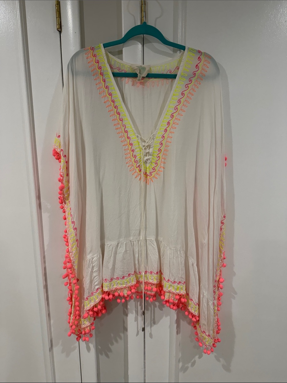 Women’s Cream Swim Coverup with Neon Pink Trim